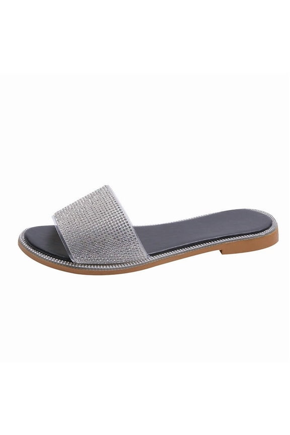 Womens Flat Slide Glam Sparkly Plush Open Toe Slip On Soft Padded Footbed Rhinestone Flat Slide Summer Party Casual Streetwear Sandals