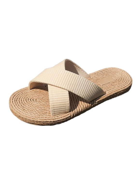 Womens Flat Slide Sandals Minimal Ribbed Crisscross Strap Raffia Sole Slip On Sandals Summer Beach Resort Vacation Casual Sandals