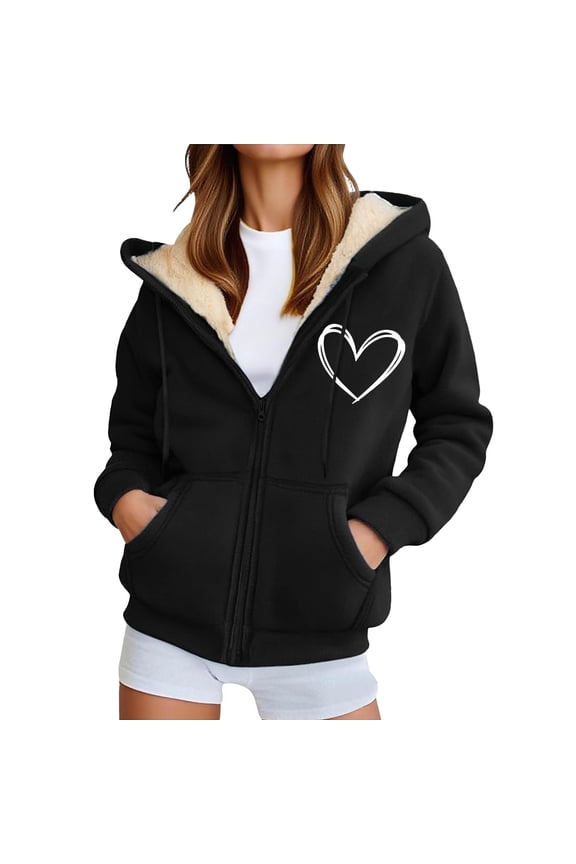 Womens Fleece-Lined Full Zip Hoodies With Outline Heart Print Side Pockets Relaxed Fit Casual Valentine’S Daily Sweet Warm Outerwear