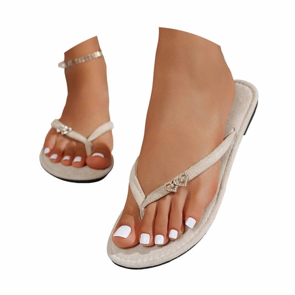 Bibifish Womens Flip Flops Heart Rhinestone Flat Sole Thong Sandals Fashion Outdoor Beach Casual Slippers
