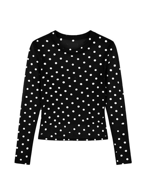 Womens Flocked Polka Dot Mesh T-Shirt Long Sleeve Tight Tee Fall Stretchy Sheer Mesh Casual Crew Neck Top