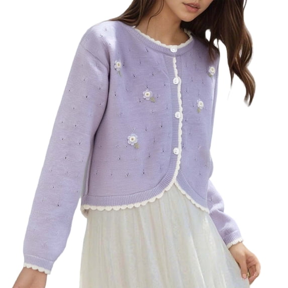 Bibifish Womens Floral Embroidery Knit Cardigan Sweaters Long Sleeve Crew Neck Cropped Relaxed Fit Button Front Cardigans