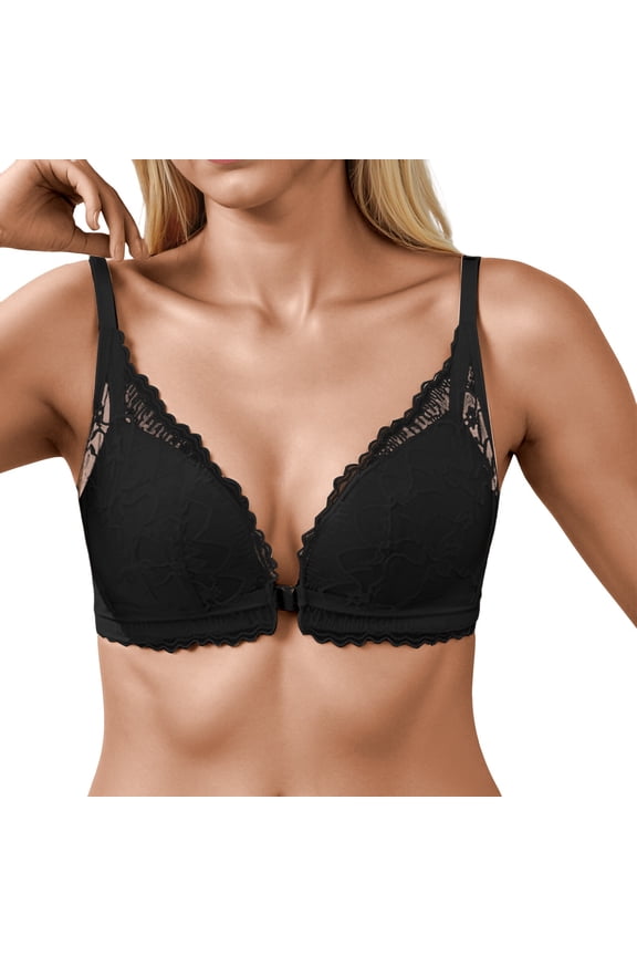 Womens Front Closure Bras Plunge Spaghetti Straps Lightly Lined Lace Bras Prom Party Daily Supportive Bras