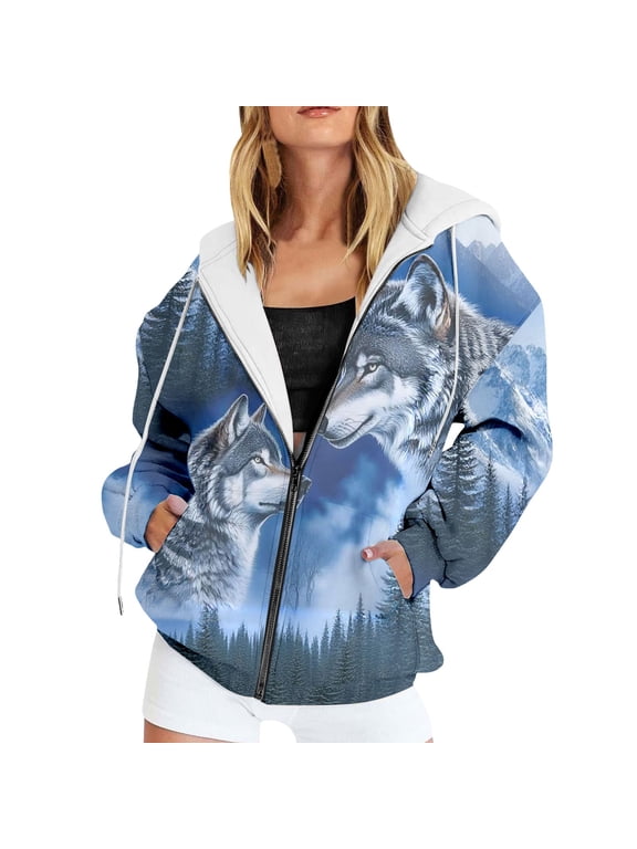 Womens Full Zip Hoodies Wolf Print Drawstring Hood Long Sleeve Hoodies With Pocket Oversized Fit Bold Outdoor Daily Trendy Tops