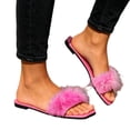 thumbnail image 1 of Bibifish Womens Fuzzy Slippers Open Toe Slide Feather Ornament Low Heel Flat Fuzzy Slip On Indoor Outdoor Winter Slippers, 1 of 4