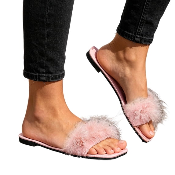 Bibifish Womens Fuzzy Slippers Open Toe Slide Feather Ornament Low Heel Flat Fuzzy Slip On Indoor Outdoor Winter Slippers