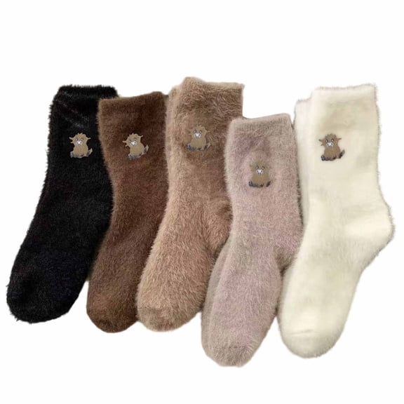 Bibifish Womens Fuzzy Socks 5 Pairs Cartoon Animal Print Mid-Calf Socks Soft Warm Multiple Colors Casual Home Lounging Daily Wear Cute Cozy Socks