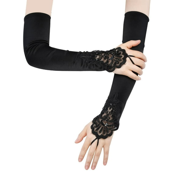 Bibifish Womens Gloves Black Lace Embellished Long Gloves Elegant Formal Party Wedding Bridal Costume Accessory With Intricate Lace Detailing