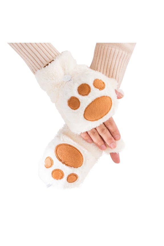 Womens Gloves Winter Warm Plush Gloves Cute Bear Paw Pattern Fuzzy Gloves Cold Weather Fluffy Daily Wear Gloves For Ladies