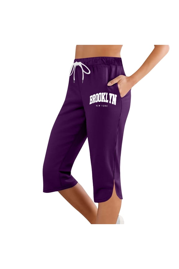Womens Graphic Capri Joggers "Brooklyn " Print Elastic Waist Knee Length Side Slit Pants Casual City Walks Daily Wear Trendy Capri Joggers