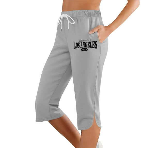 Bibifish Womens Graphic Capri Joggers "California " Print Elastic Waist Knee Length Side Slit Relaxed Fit Casual City Strolls Nostalgic Capri Joggers