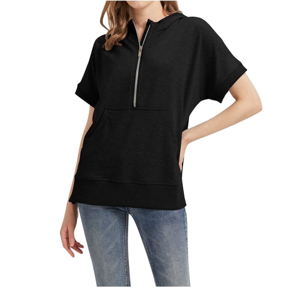 Bibifish Womens Half Zip Hoodies Batwing Short Sleeve Hooded Sweatshirts Kangaroo Pocket Pullover DDaily Wear Tops