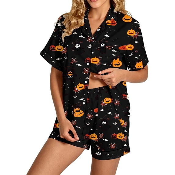 Bibifish Womens Halloween Pajama Set Button Front Short Sleeve Top Shorts 2 Piece Holiday Outfit Cute Festival Sleepwear