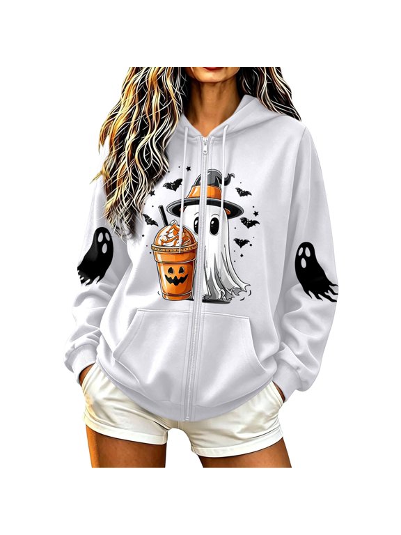 Womens Halloween Zip Up Hoodies Graphic Fleece Hooded Sweatshirts Long Sleeve Ghost Print Hooded Jackets With Pockets