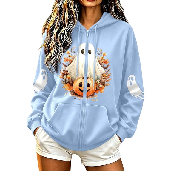 Bibifish Womens Halloween Zip Up Hoodies Graphic Fleece Hooded Sweatshirts Long Sleeve Pockets Fall Winter Hooded Sweatshirts