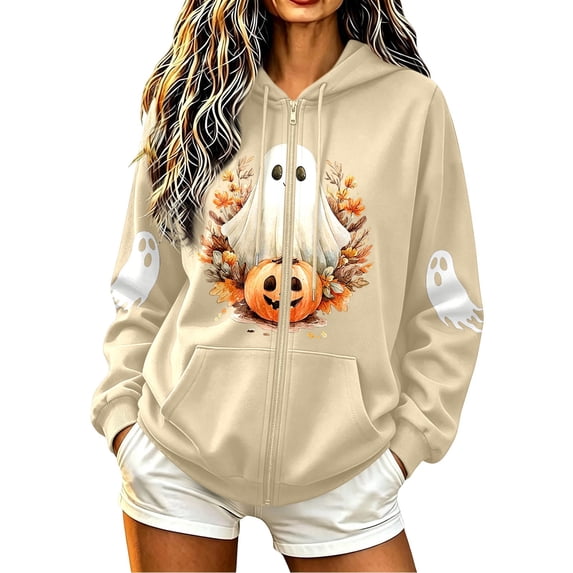Bibifish Womens Halloween Zip Up Hoodies Graphic Fleece Hooded Sweatshirts Long Sleeve Pockets Fall Winter Hooded Sweatshirts