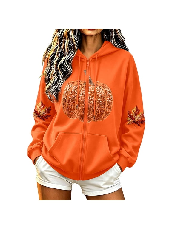 Womens Halloween Zip Up Hoodies Pumpkin Print Fleece Hooded Sweatshirts Long Sleeve Holiday Graphic Hooded Jackets