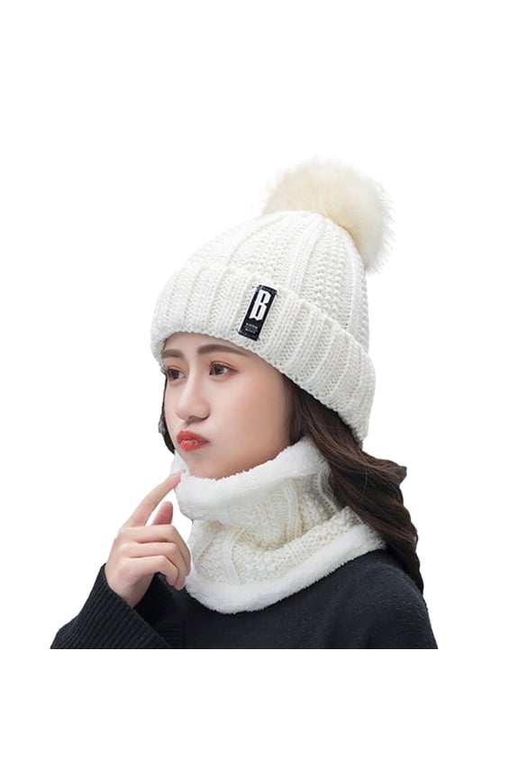 Womens Hat Scarf Sets Beige Chunky Knit Fleece Lined Pom-Pom Detail Beanie Hat And Neck Warmer Stretch Cold Weather Stylish Cozy Winter Sets