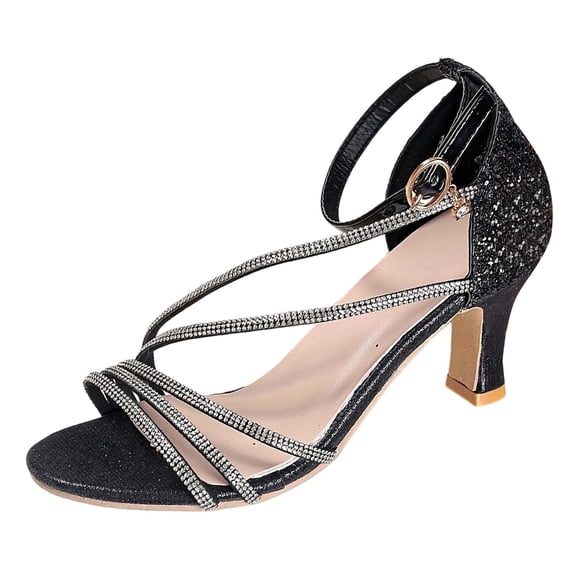 Bibifish Womens Heeled Sandals Elegant Glam Open Toe Crisscross Ankle Buckle Strap Soft Footbed Rhinestone Heeled Sandals Summer Event Sandals