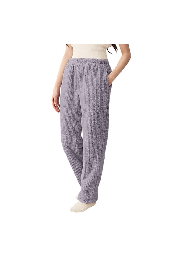 Womens High Waist Fleece Pants Elastic Straight Leg Trousers With Side Pockets Warm Cozy Casual Winter Lounging Comfy Pants