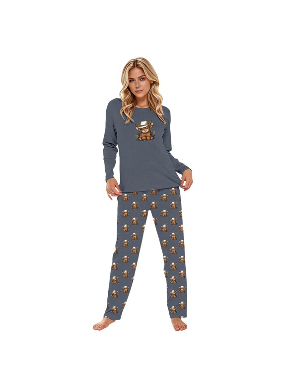 Womens Highland Cow Cowboy Hat Pajama Set Long Sleeve Crew Neck Top And Long Pants 2 Piece Home Cute Pjs