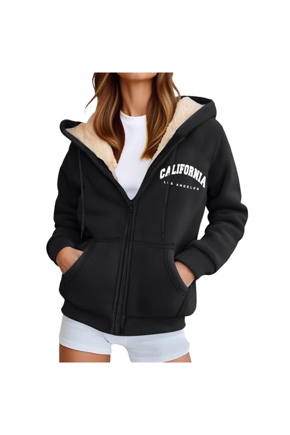 Womens Hoodie Cozy Fleece Lined California Letter Print Full Zip Up Drawstring Hoodie Jacket With Pocket Warm Cozy Casual Stylish Hoodie