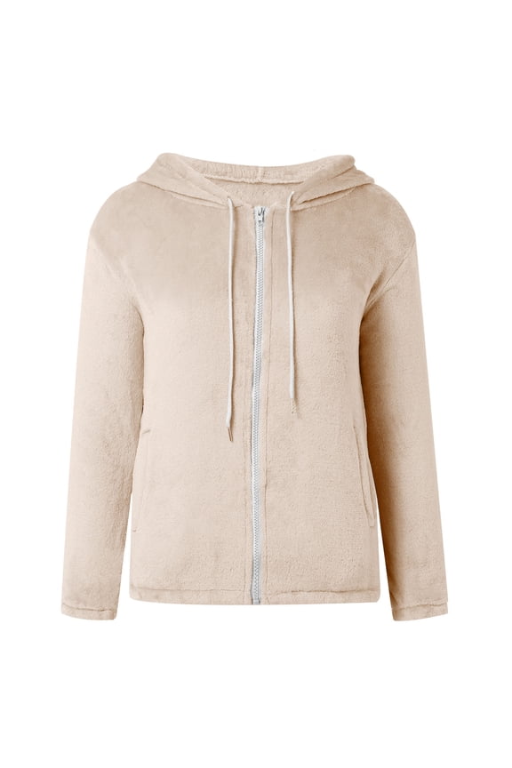 Womens Hoodie Jackets Fuzzy Full Zip Up Drawstring Hood Jackets Side Pocket Plush Fabric Loose Fit Cozy Cold Weather Comfy Daily Wear Jackets
