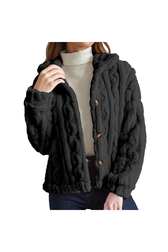 Womens Hoodie Light Beige Cable Knit Pattern Fuzzy Plush Button Down Jackets Drawstring Hood Relaxed Warm Cozy Daily Wear Jackets