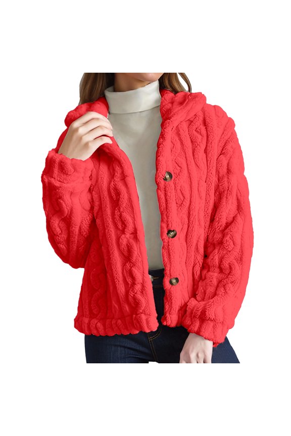 Womens Hoodie Light Beige Cable Knit Pattern Fuzzy Plush Button Down Jackets Drawstring Hood Relaxed Warm Cozy Daily Wear Jackets