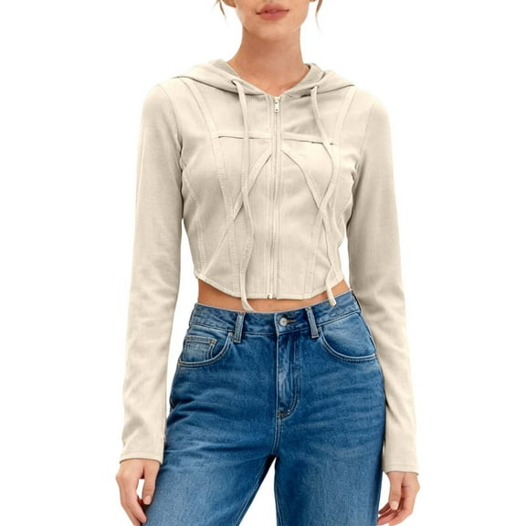 Bibifish Womens Hoodie Light Color Corduroy Drawstring Corset Detail Full Zip Up Cropped Hoodie Slim Fit Casual Daily Outings Stylish Hoodie