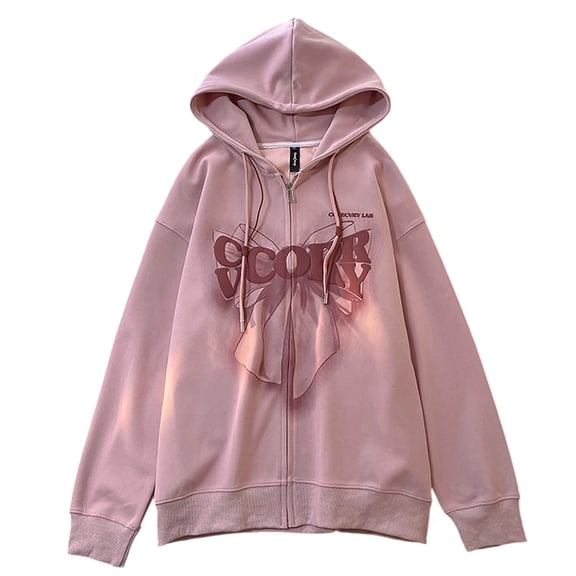 Bibifish Womens Hoodie Pink Bow Letter Print Full Zip Up Hoodie Jacket Drawstring Side Pocket Soft Casual Street Wear Trendy Hoodie