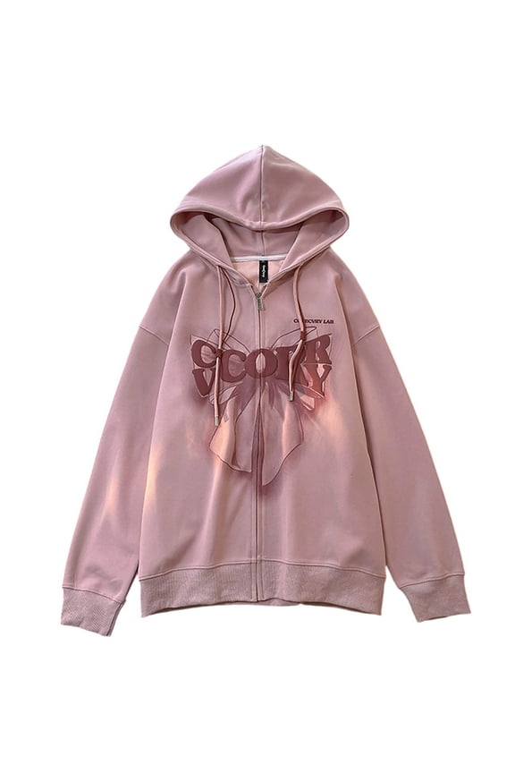 Womens Hoodie Pink Bow Letter Print Full Zip Up Hoodie Jacket Drawstring Side Pocket Soft Casual Street Wear Trendy Hoodie