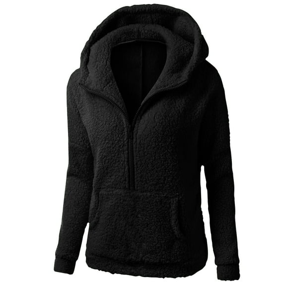 Bibifish Womens Hoodies Black Fuzzy Fabric Half Zip Up Pullover Hoodies Jackets With Pocket Soft Warm Cold Weather Outings Daily Wear Cozy Hoodies
