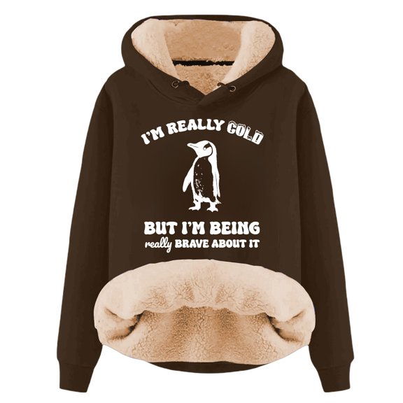 Bibifish Womens Hoodies Black Letter Penguin Graphic Hooded Sweatshirts Sherpa Lined Warm Long Sleeve Loose Casual Winter Cute Pullover tops