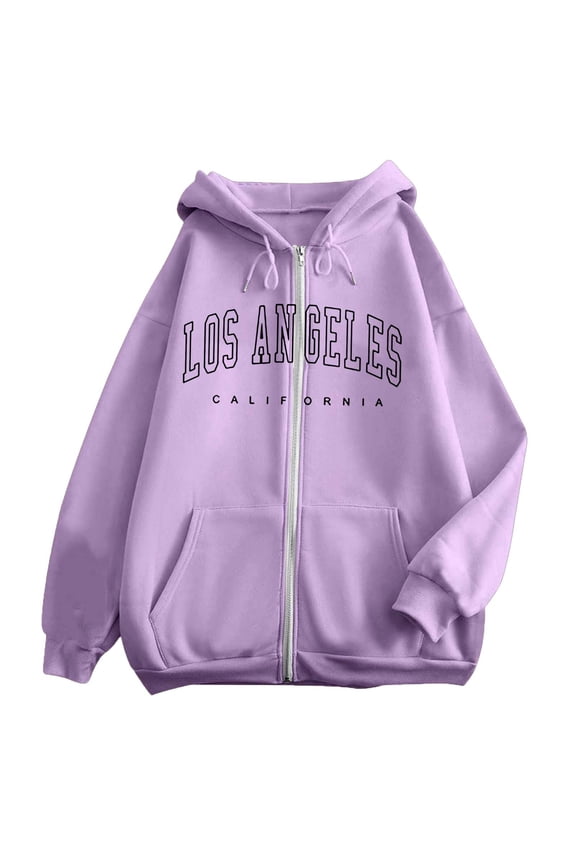 Womens Hoodies Casual Lod Angeles Letter Print Full Zip Up Hoodies Jackets Side Pocket Soft Relaxed Fit Casual Daily Wear Stylish Hoodies