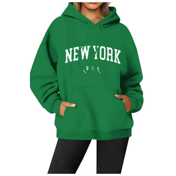 Bibifish Womens Hoodies Casual New York Letter Print Pullover Hoodies Soft Oversized Fit Casual Fall Winter Daily Wear Stylish Pullover Top
