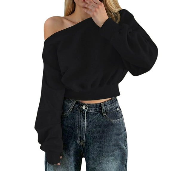 Bibifish Womens Hoodies Casual Solid Color Off Shoulder Sweatshirts Pullover Fall Winter Fashion Comfort Long Sleeve Short Crop Tops