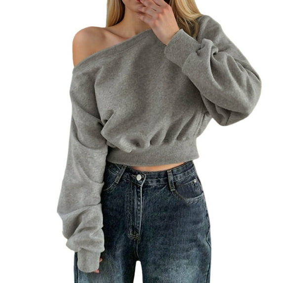 Bibifish Womens Hoodies Casual Solid Color Off Shoulder Sweatshirts Pullover Fall Winter Fashion Comfort Long Sleeve Short Crop Tops