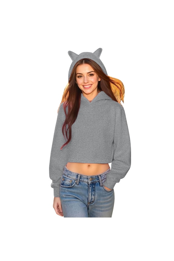 Womens Hoodies Cute Cat Ear Cropped Long Sleeve Hooded Sweatshirts Relaxed Fit Trendy Fall Pullover DDaily Tops
