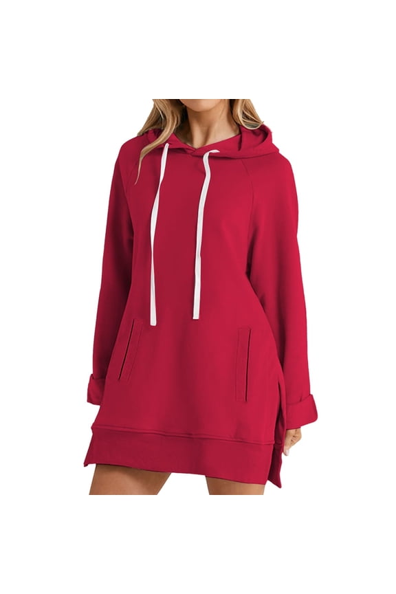 Womens Hoodies Dresses Drawstring Hood Side Slit Pockets Slim Fit Spring Fall Long Sleeve Elegant Daily Commute Chic Pullover Tops