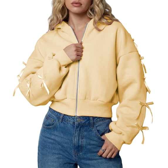 Bibifish Womens Hoodies Fall Cute Bow Sleeve Cropped Full Zip Hooded Sweatshirts Open Front Tops
