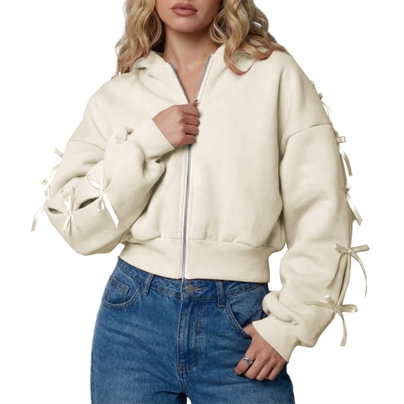 Bibifish Womens Hoodies Fall Cute Bow Sleeve Cropped Full Zip Hooded Sweatshirts Open Front Tops