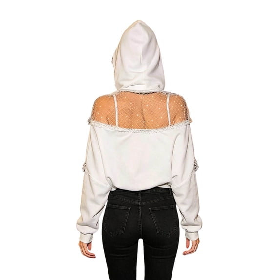 Bibifish Womens Hoodies Fall Mesh Rhinestone Back Cutout Hooded Sweatshirts Oversized Loose Fit Pullover Tops