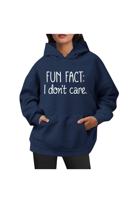 Womens Hoodies "Fun Fact: I Don'T Care" Text Print Hoodies With Pocket Relaxed Fit Hangouts Daily Wear Sassy Trendy Hooded Tops