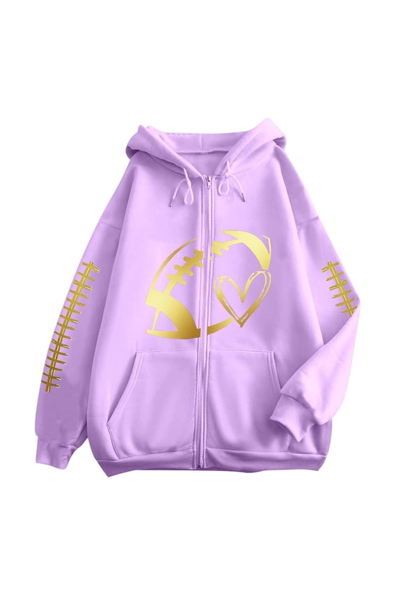 Womens Hoodies Gold Football & Heart Print Full Zip Long Sleeve Hoodies With Pocket Oversized Fit Casual Sports Game Daily Pullover Tops