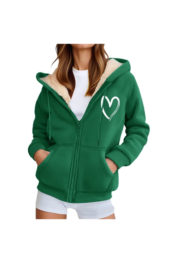 Womens Hoodies Heart Print Long Sleeve Zip Up Hoodies Outdoor Sports Graphic Pullover Winter Warm Fleece Jackets With Pocket