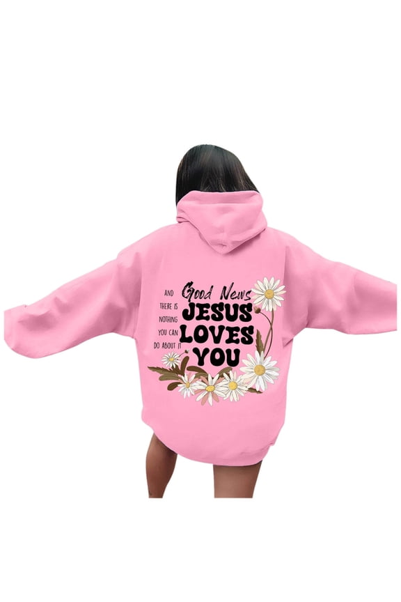 Womens Hoodies Letter Floral Print Drawstring Hoodies With Pocket Oversized Fit Spring Fall Long Sleeve Stylish Pullover Tops For Ladies