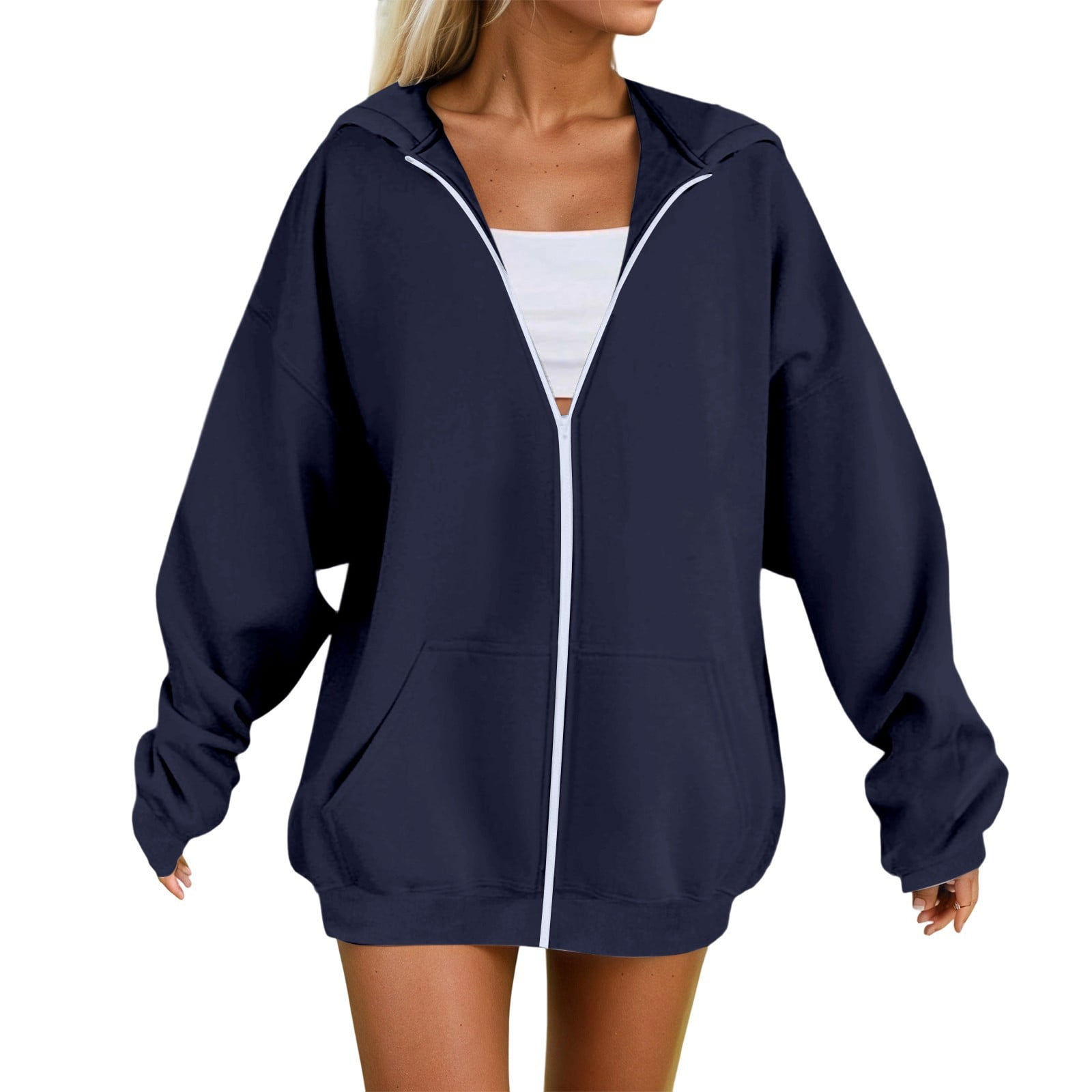 Casual Long Sleeve Sweatshirt For Women Women's Lightweight Oversized Zip-Up Hoodie - Y2K Style Long Sleeve Sweatshirt With Pockets Cropped Hoodie