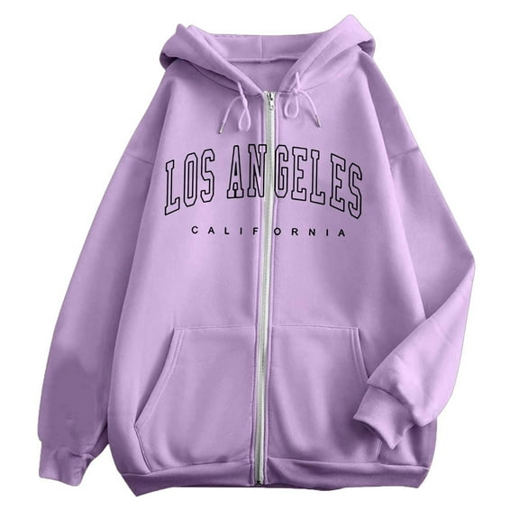 Bibifish Womens Hoodies Los Angeles Letter Printed Zipper Hoodies Loose Long Sleeve Drawstring Casual Sports Hoodies With Pockets