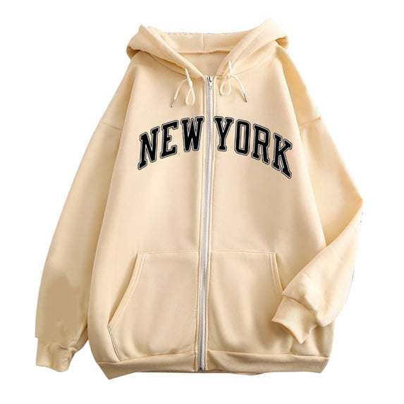 Bibifish Womens Hoodies New York Letter Print Zipper Front Long Sleeve Hoodies Casual Loose Fit Comfortable Spring Fall City Sweatshirts